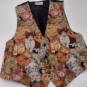 Vtg 90s Cat Tapestry Vest Womens L Cottagecore Coquette Whimsical Librarian Tie